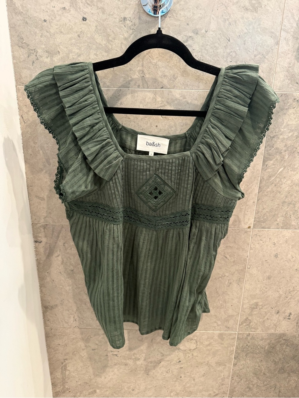 ba&sh Moss Green Ruffled Lace-Trim Camisole